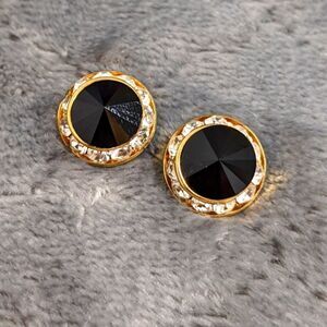 Vintage Eisenberg Ice Black & Clear Halo Crystal Button Pierced Earrings